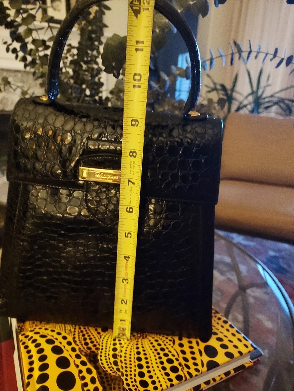 Salvatore Ferragamo Black Croc-Embossed Top Handle Bag with Gold Hardware - Picture 3 of 8